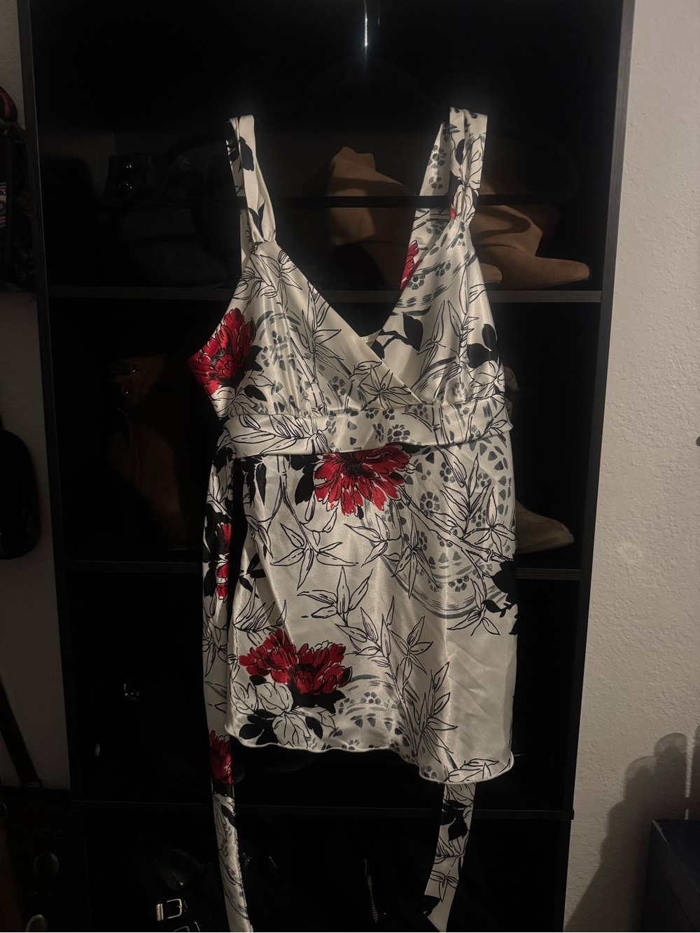 Byer California White Satin Camisole with Red & Black Floral